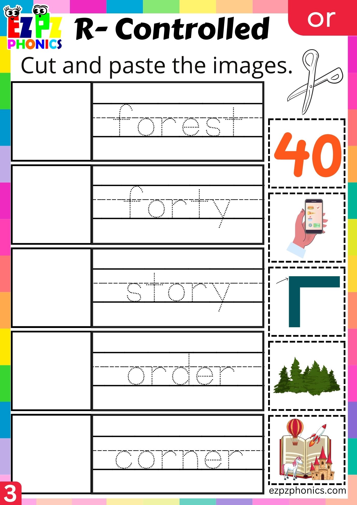 Cut and paste worksheet for two syllable or words R Controlled Vowels Phonics group 3